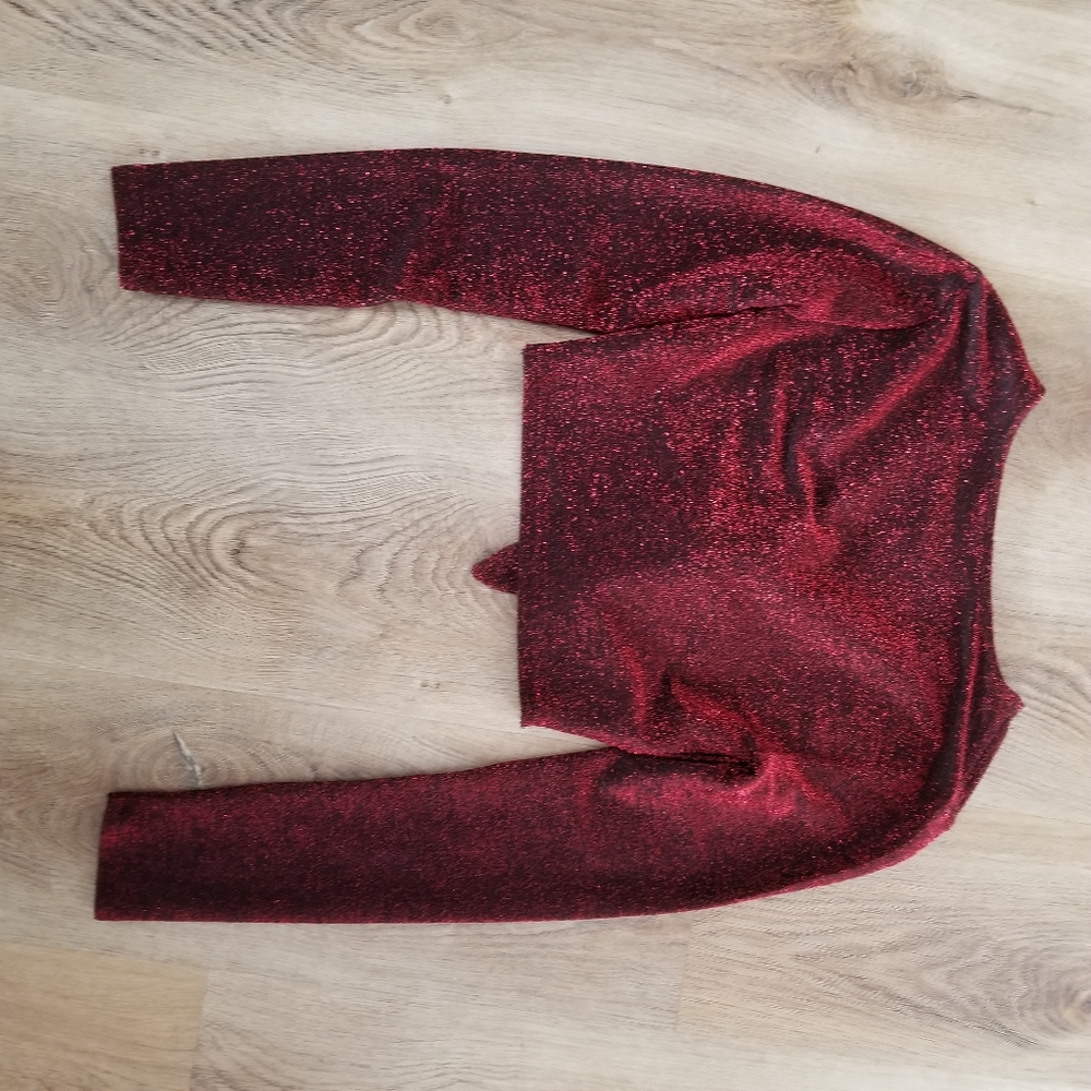 FOREVER 21 RED SHIMMER LONG SLEEVE CROP TOP - Picture 5 of 6